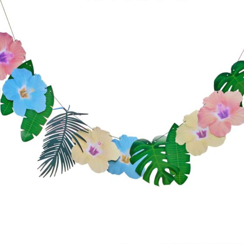 Vibrant 2-meter Hawaiian palm leaf and hibiscus flower garland for tropical-themed parties and decor.