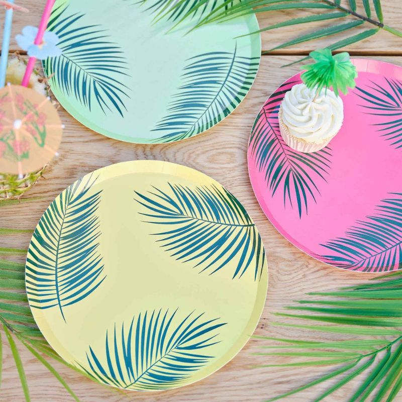 Vibrant Tiki Tropics Hawaiian palm leaf paper plates, pack of 8, perfect for summer parties, featuring eco-friendly designs.