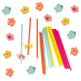 Colorful Hawaiian paper party straws with flower toppers, perfect for tropical-themed gatherings and eco-friendly celebrations.