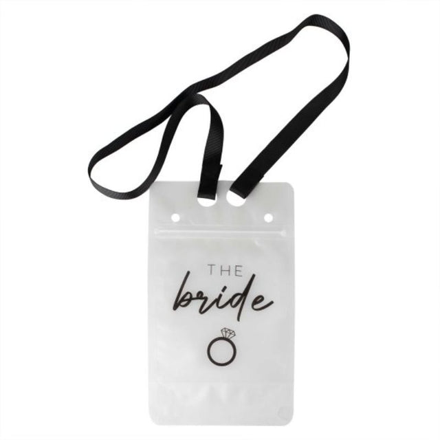 Bridal party drink pouch with straw and lanyard, perfect for hen weekends, measuring 23cm x 15cm for easy hydration.