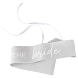 Luxurious silver sash for brides, celebrating hen parties with style and comfort, measuring 1 meter long.