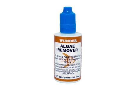 Algae Remover 50mL bottle for controlling algae in aquariums and ponds, treating up to 1500L of water.