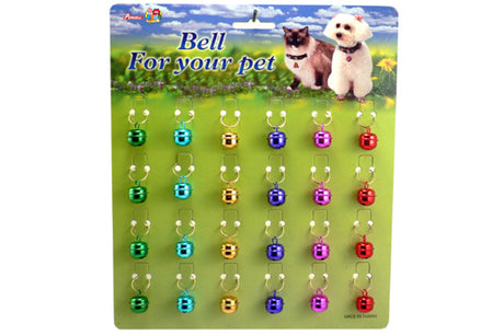 Vibrant 14mm colored cat bells on a card of 24, perfect for enhancing safety and style on pet collars.