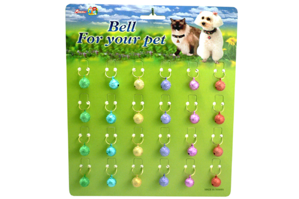 Colorful 12mm glitter cat bells on a card of 24, perfect for adding style and safety to your feline's collar.