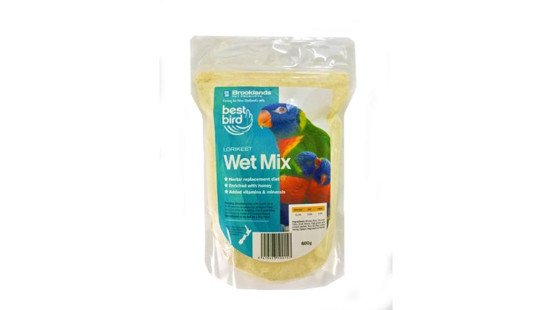 Best Bird Lorikeet Wet Mix 600g in a bag, featuring a vibrant design and highlighting essential nutrients for healthy birds.