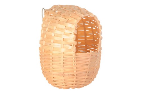 Cane nesting option for small birds made from bamboo, measuring 11x12 cm, attaches easily to birdcages for comfort and security.