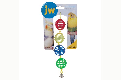 Colorful JW Activity Lattice Chain bird toy with translucent balls for climbing and treat retrieval, promoting mental stimulation and exercise.