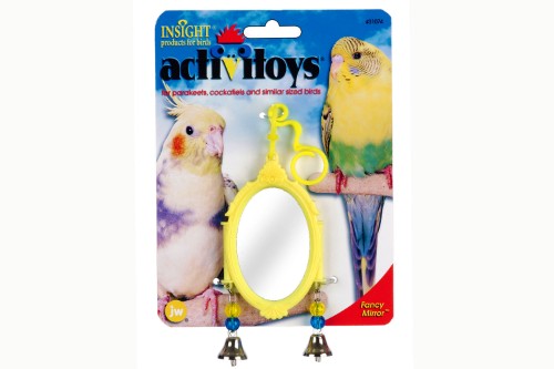 Brightly colored bird toy featuring a shiny mirror, rotating bells, and beads for mental stimulation and active play for small birds.