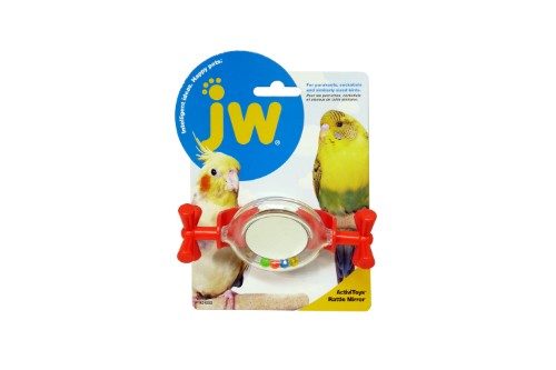 Engaging bird toy featuring a rattle and mirror for mental stimulation and playtime fun for parrots and finches.