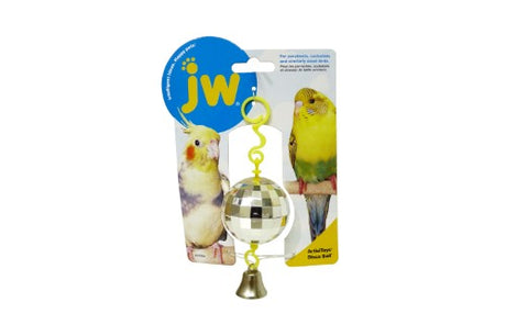 Colorful JW Activity Disco Ball bird toy, designed for interactive play, promoting exercise and mental stimulation in pet birds.