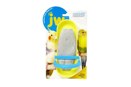 Cuttlebone holder for birds, featuring screw-on design, perch, and debris pocket for easy cleanup and nutrition support.