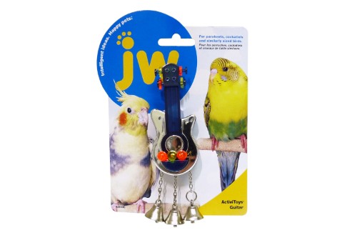 Colorful JW Activity Guitar bird toy, featuring textures for chewing and climbing, designed for mental stimulation and exercise.