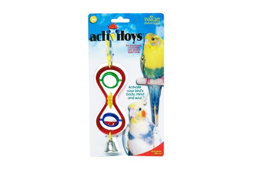 Colorful hourglass-shaped mirror bird toy for parakeets, promoting play and exercise while stimulating mental engagement.