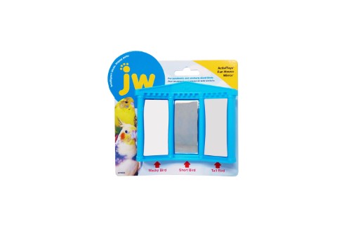 Colorful JW Activity Fun House Mirror for small parrots, featuring three playful mirrors for mental stimulation and exercise.