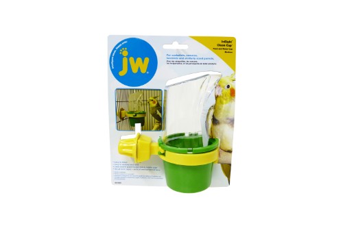 Clear cup feeder and waterer for small to medium birds, featuring a protective hood and easy-clean design. Available in blue and green.