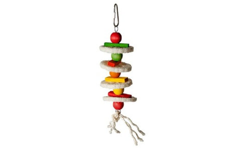 Colorful 26cm bird toy featuring soft, layered loofah for chewing, climbing, and foraging, ideal for parrots and cockatiels.