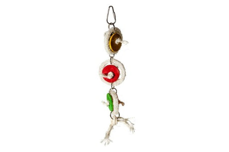 Colorful loofa wheel bird toy for small birds, promoting play, exercise, and beak maintenance in a safe design.