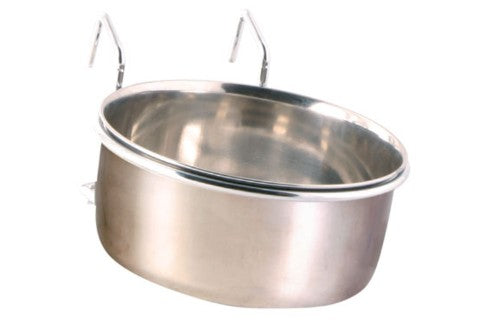 Stainless steel bird feeder with chrome holder, 15cm diameter, holds 900mL of seed, ideal for attracting diverse birds.