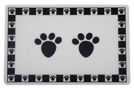 Dog Feed Mat in black with paw print design, 48cm x 30cm, non-slip, easy to clean, ideal for pets' feeding area.