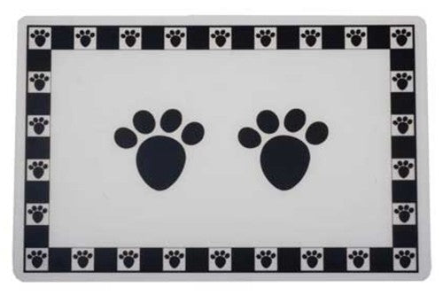 Dog Feed Mat in black with paw print design, 48cm x 30cm, non-slip, easy to clean, ideal for pets' feeding area.