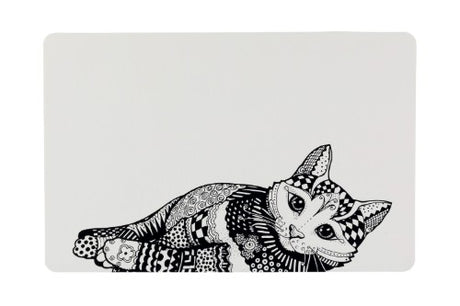 Stylish Zentangle cat feed mat 43cm x 28cm with foam backing to prevent spills and protect floors during mealtimes.