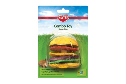 Small animal chew toy designed as a hamburger, offering crispy textures and durable wood for dental health and fun.