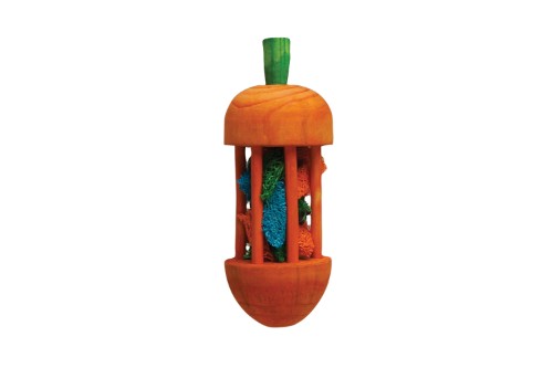 Vibrant carrot-shaped chew toy for small pets promoting dental health and natural chewing behaviors.