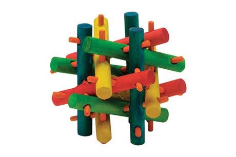 Colorful 6cm wooden chew toy for small animals, featuring a rattling ball for engaging play and safe nibbling.