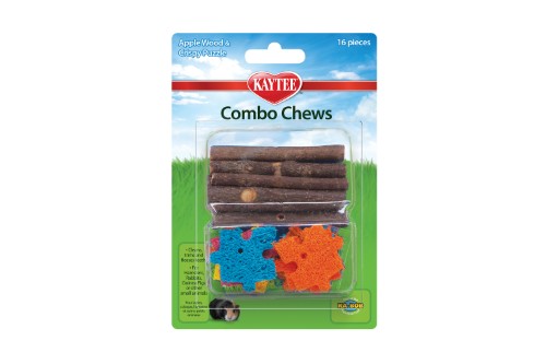 Crispy puzzle chews made of apple wood and loofah, designed for small pets' dental health and playtime engagement.