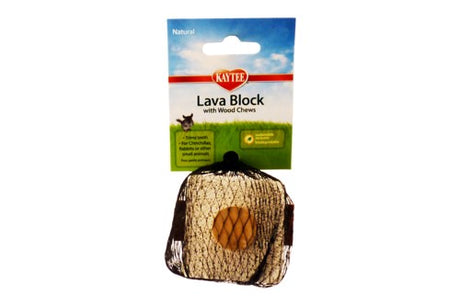 Lava block chew toy for small animals with wood chews, promoting dental health and mental stimulation.