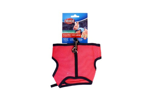 Soft harness for large rabbits featuring a padded design, elastic lead, and available in Grey, Aqua, or Pink colors.