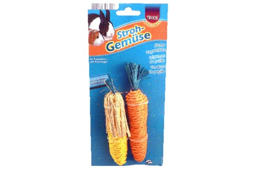 Vibrant 15cm straw carrot and corn chew toys for small pets, promoting dental health and playful engagement.