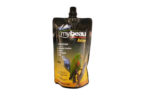 My Beau Avian Bird Supplements 300mL bottle for enhanced health, feather growth, and vibrant plumage in pet birds.