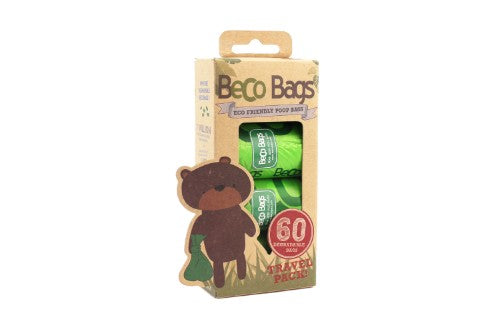 Eco-friendly travel pack of 60 biodegradable dog poop bags, extra-large, extra-strong, with recycled paper packaging.