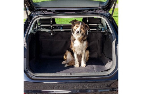 Black dog car boot cover (1.20 x 1.50 m) made of durable cotton/polyester, protects against dirt and pet hair.