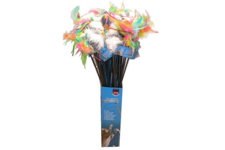 Vibrant mouse toy on a 50cm stick, perfect for stimulating indoor cat play and enhancing their hunting instincts.