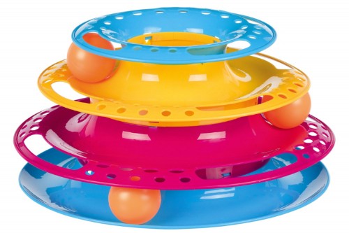 Three-tier cat toy with colorful balls for interactive play, stimulating natural hunting instincts and promoting active fun.