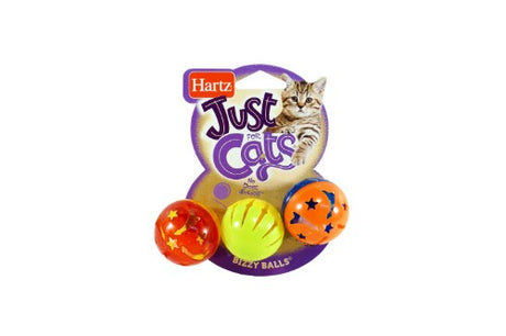 Vibrant Hartz Bizzy Balls in 3pk; textured surfaces and bells promote unpredictable rolling for hours of playful cat engagement.