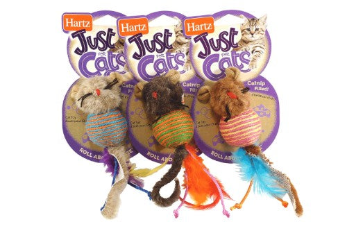 Plush catnip-filled mouse toy with a sisal body and colorful feathery tail for engaging indoor playtime.