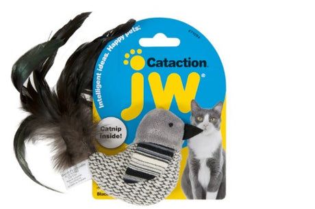 Soft plush black and white bird cat toy that stimulates hunting instincts and promotes playful exercise for cats.