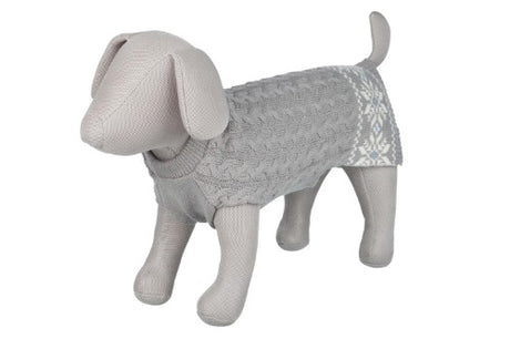 Stylish grey dog jumper for medium breeds, providing warmth and comfort with a soft knit for playful freedom.