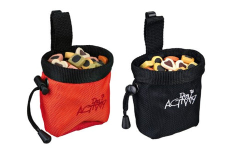 Durable dog treat pouch with drawstring closure and belt clip, perfect for outdoor adventures and training sessions.