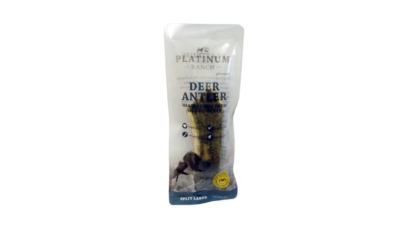 Large split deer antler chew for dogs, sourced from New Zealand, promotes dental health and digestion, ideal for aggressive chewers.