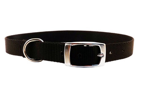 Lightweight black nylon dog collar for small to medium dogs, 15mm wide and 45cm long, with a secure buckle closure.