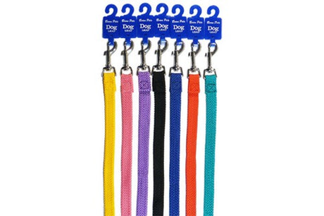 Durable double nylon webbing dog lead in various vibrant colors, designed for comfort and secure control during walks.