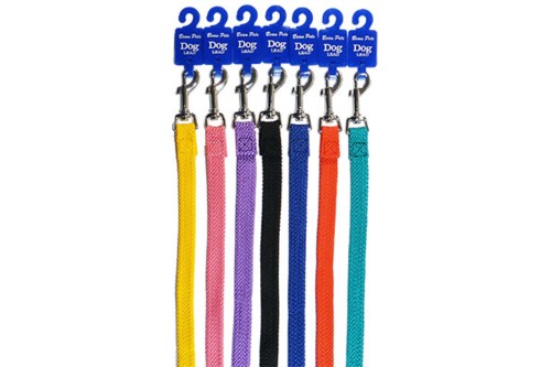 Durable double nylon webbing dog lead in various vibrant colors, designed for comfort and secure control during walks.