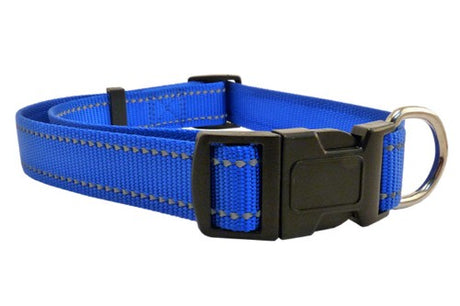 Blue reflective dog collar for neck sizes 40-65cm, enhancing visibility and safety during nighttime walks.