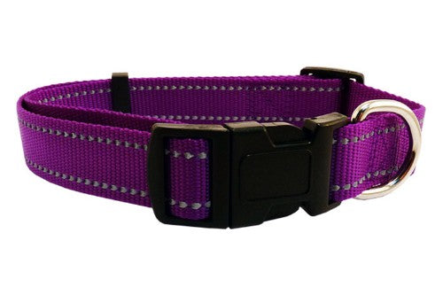 Purple dog collar with reflective thread, adjustable 30-45cm, stylish and safe for evening walks.