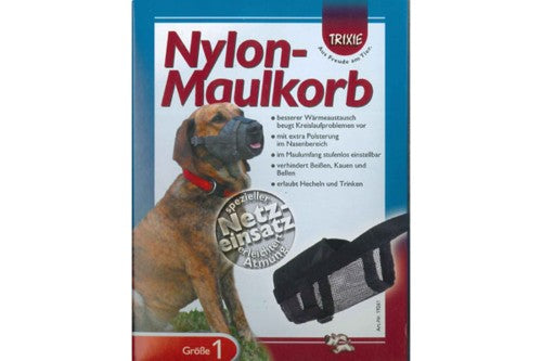 Trixie Nylon Muzzle for small dogs, featuring adjustable straps and breathable net insert for comfort and safety.