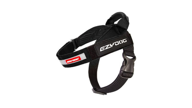 EzyDog Express Harness L Black: ergonomic dog harness with EVA pads, moulded handle, reflective trim, and customizable labels.